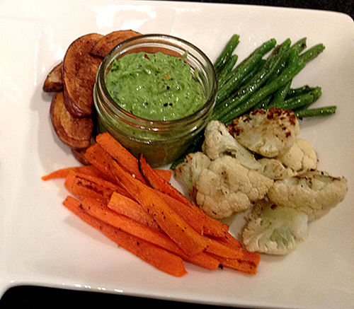 Roasted Vegetables with Avocado and Spinach Dip